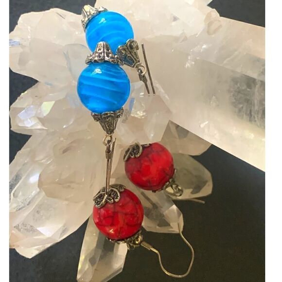 Vintage Glass/Wood Bead Earrings w/caps, 2 PAIRS, Unmarked - Picture 1 of 4